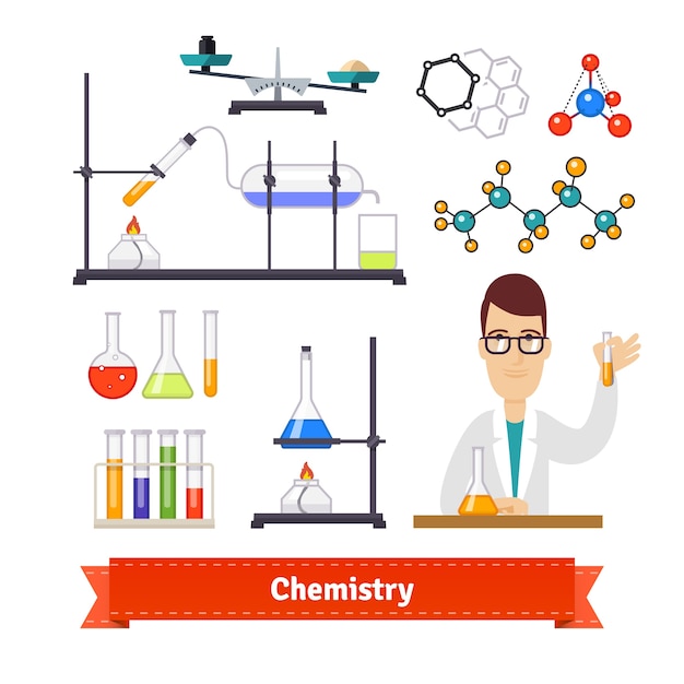 Vecteur gratuit Équipement de chimie et ensemble de chimistes colorés