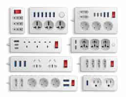 Vecteur gratuit Équipement de courant alternatif ensemble réaliste d'extension de prise murale avec différents connecteurs de ports et cordons illustration vectorielle isolée