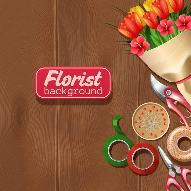 Vecteur gratuit Équipement de fleuriste et bouquet de fleurs sur fond en bois