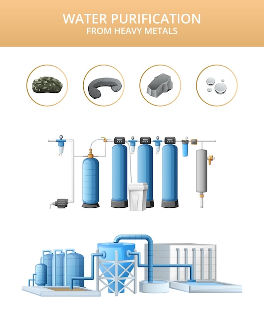 Équipement Industriel De Dessin Animé Pour La Purification De L'eau à Partir De Métaux Lourds Avec Illustration Vectorielle Isolée Du Système De Filtration