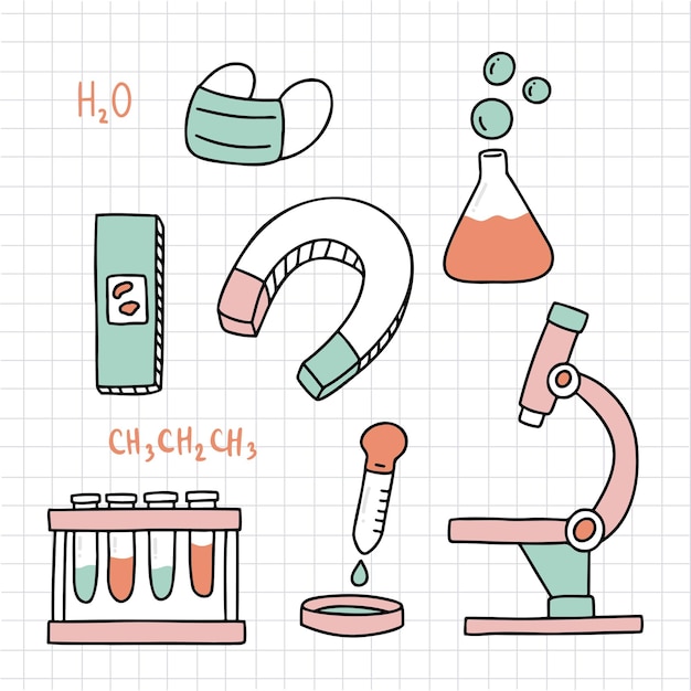 Vecteur gratuit Équipement de laboratoire avec tubes en verre flacon bécher et autre équipement de mesure de laboratoire chimique ou médical style de dessin animé pour graphiste concept d'enseignement des sciences de la biologie illustration vectorielle