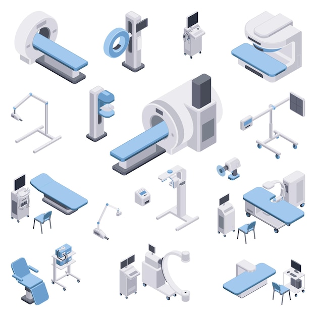 Vecteur gratuit Équipement médical serti de symboles de soins de santé illustration vectorielle isolée isométrique