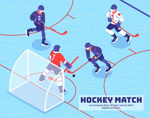 Vecteur gratuit Équipes de joueurs près du but avec la rondelle pendant le match de hockey sur glace isométrique illustration