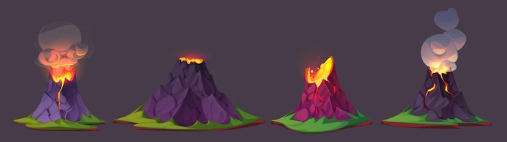 Vecteur gratuit éruption d'un volcan avec des coulées de lave et des nuages de fumée