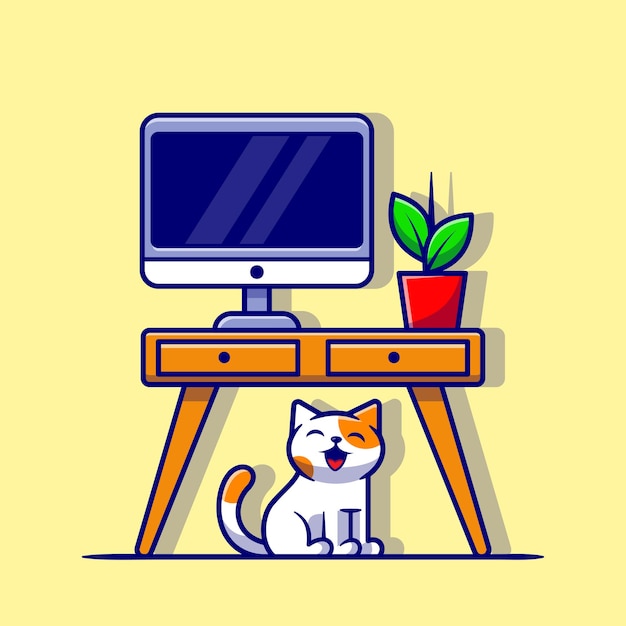 Espace De Travail Mignon Avec Illustration D'icône De Vecteur De Dessin Animé Chat Et Plante. Concept D'icône De Nature Animale Isolé Vecteur Premium. Style De Dessin Animé Plat