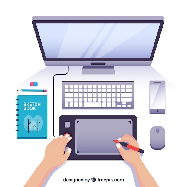 Vecteur gratuit espace de travail avec ordinateur et tablette