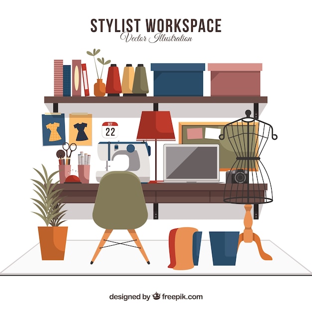 Vecteur gratuit espace de travail styliste avec design plat