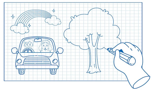 Esquisse De Dessin Animé De Voiture Et D'arbre