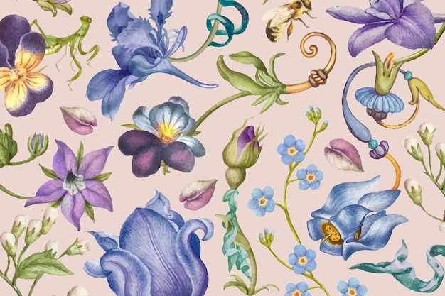 Esthétique motif floral violet sur fond rose, remixé d'œuvres de Pierre-Joseph Redouté