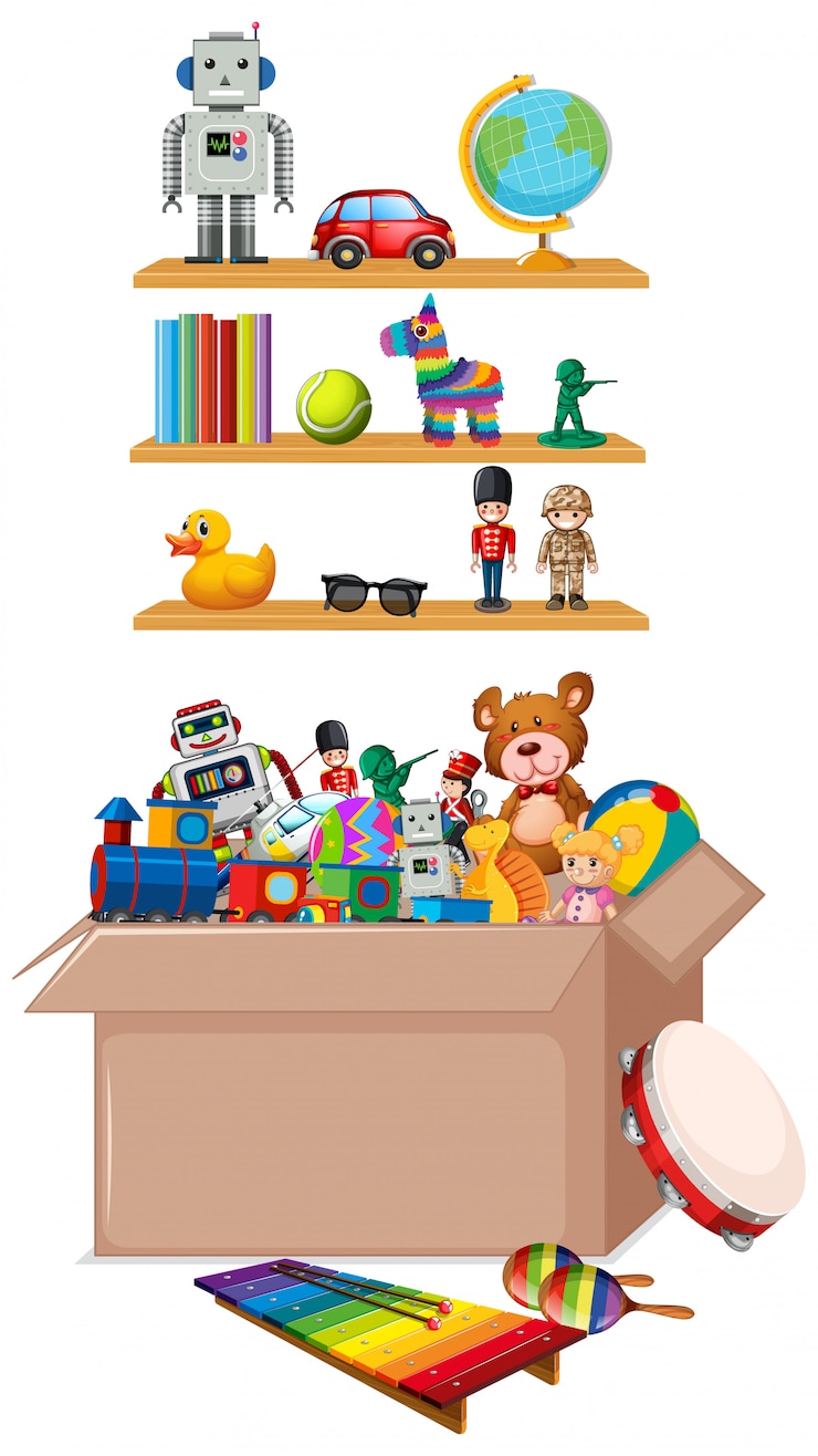 Vecteur gratuit étagère et boîte pleine de jouets sur blanc