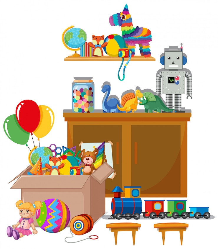 Vecteur gratuit étagère et boîte pleine de jouets sur blanc