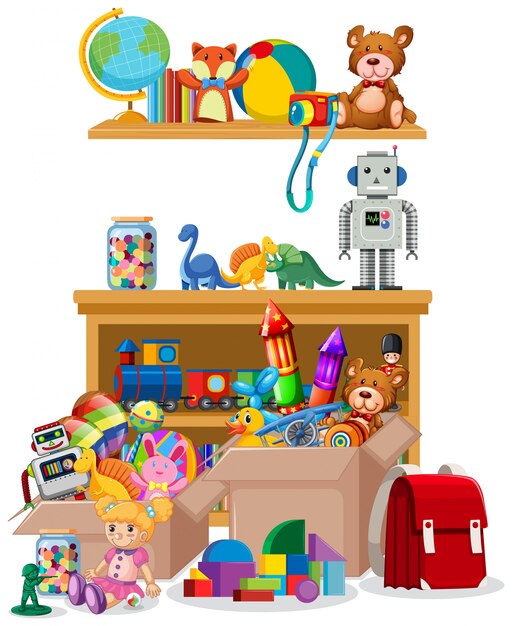 Étagère et boîtes remplies de jouets