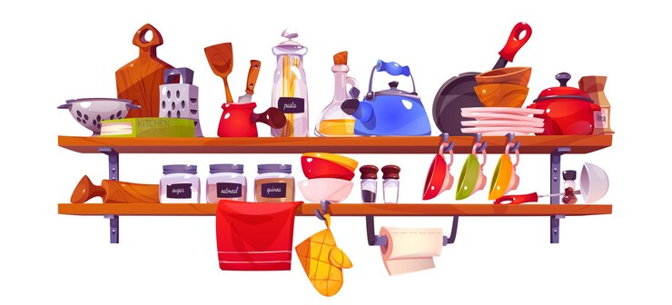 Vecteur gratuit étagère de cuisine avec ensemble de vecteurs d'ustensiles et de vaisselle objet outil d'ustensiles de cuisine sur des étagères suspendues meubles d'intérieur assiette bol casserole couverts et accessoire de serviette à la maison équipement et appareil de restaurant