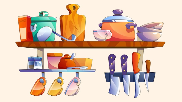 Vecteur gratuit étagère de cuisine avec des ustensiles accrochés au mur
