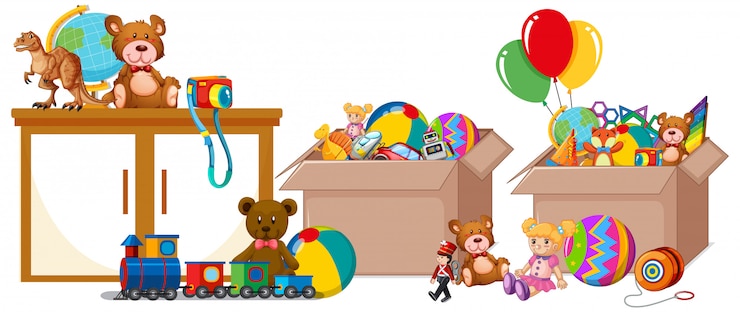 Vecteur gratuit étagère pleine de livres et de jouets sur blanc