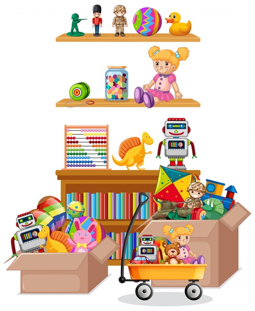 Une étagère pleine de livres et de jouets sur fond blanc