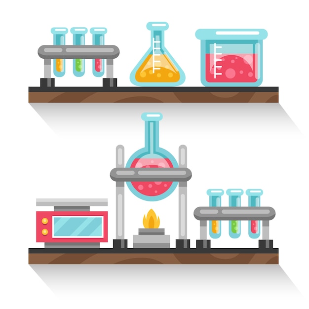 Vecteur gratuit Étagères design plat avec récipients chimie