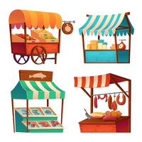 Vecteur gratuit Étals de marché, kiosques de foire, kiosque en bois avec auvent à rayures et produits alimentaires