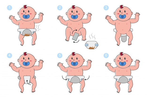 Etapes De Changer Les Couches Dans Le Jeu De Dessin Anime De Vecteur Bebe Nouveau Ne Isole Vecteur Premium