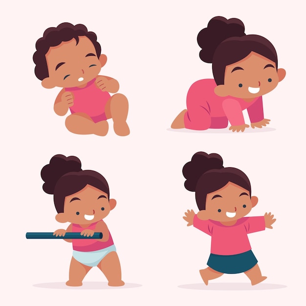 Étapes de conception à plat d'une illustration de petite fille