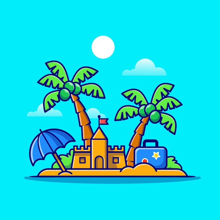 Vecteur gratuit été de plage, château de sable et dessin animé de cocotiers