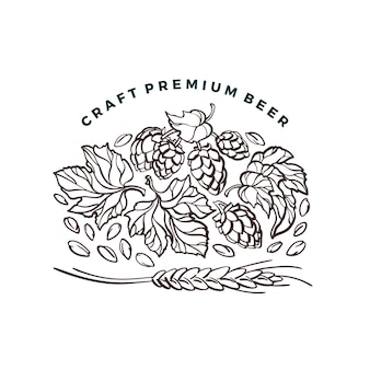 Étiquette de ligne d'art ingrédient de bière de brindille de graine de blé de houblon illustration de cercle de tirage à la main
