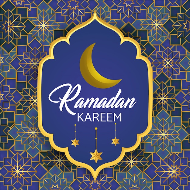 Vecteur gratuit Étiquette avec lune et étoiles au ramadan kareem