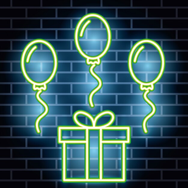 Etiquette néons avec boite cadeau et ballons à l'hélium
