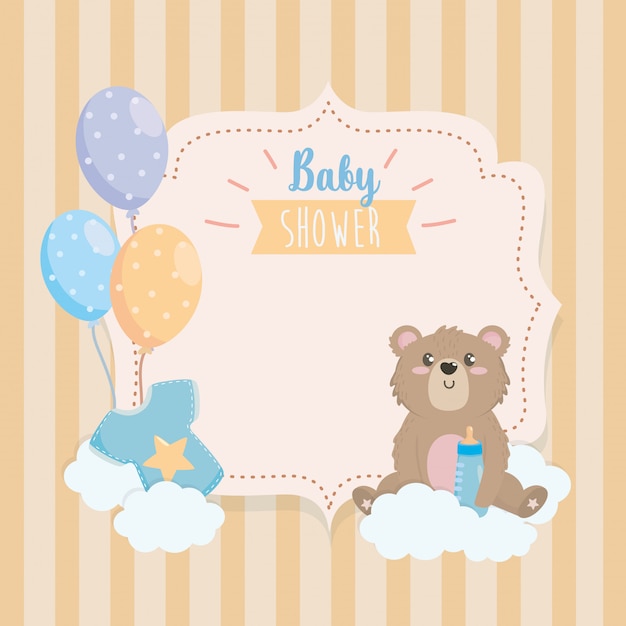 Étiquette d&#39;ours en peluche avec biberon et nuages
