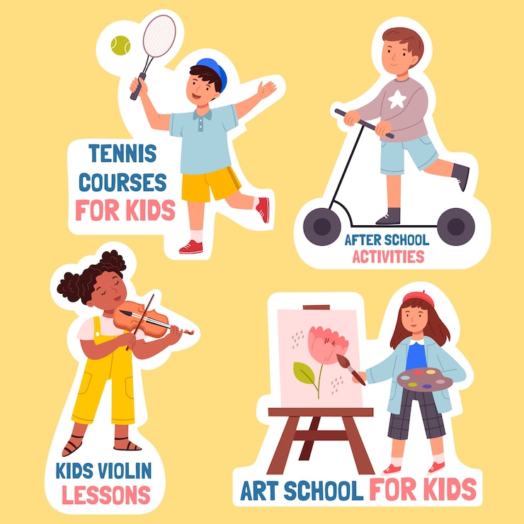 Vecteur gratuit étiquettes d'activités après l'école dessinées à la main
