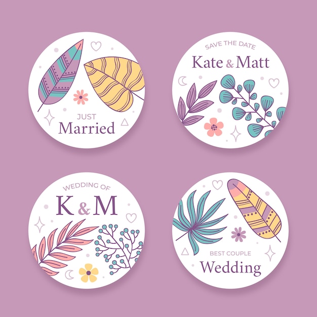 Étiquettes Ou Badges De Mariage Boho Dessinés à La Main