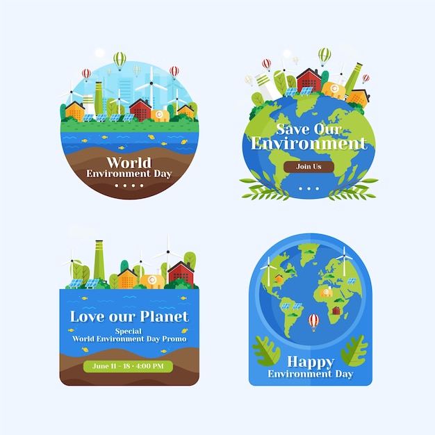 Vecteur gratuit Étiquettes ou badges plats de la journée mondiale de l'environnement