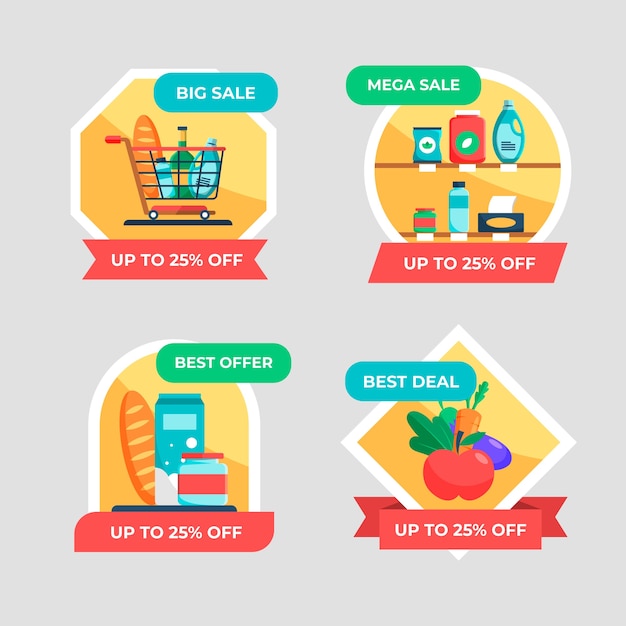 Vecteur gratuit Étiquettes / badges plats de supermarché