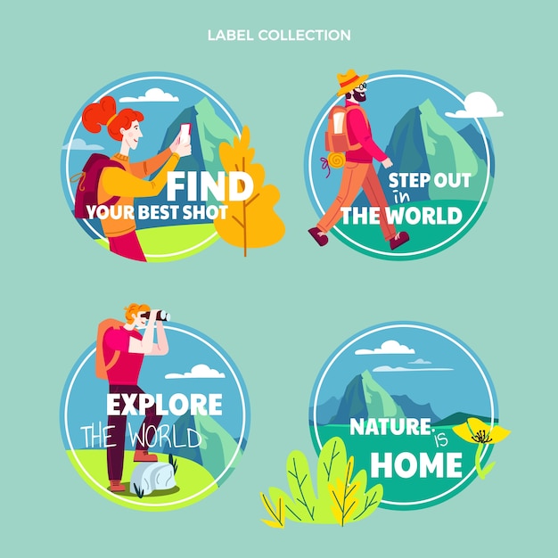 Vecteur gratuit Étiquettes et badges de trekking design plat dessinés à la main