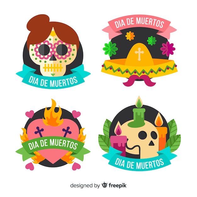 Étiquettes Día De Muertos Plates Avec Collection De Rubans