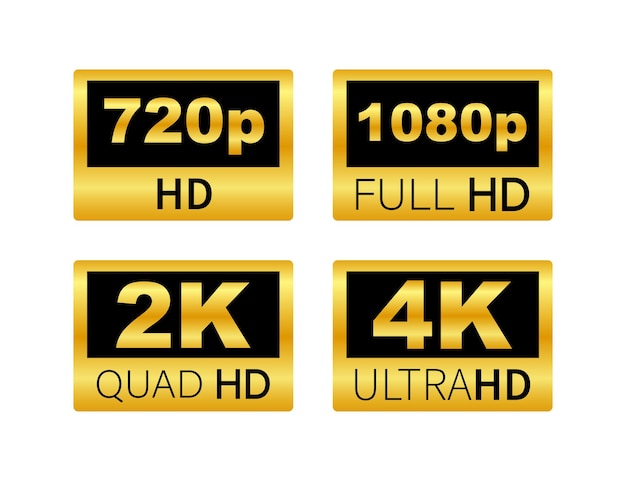 Étiquettes de dimension vidéo. résolution vidéo 720, 1080, 2k, 4k, badges. élément de conception de qualité illustration vectorielle stock