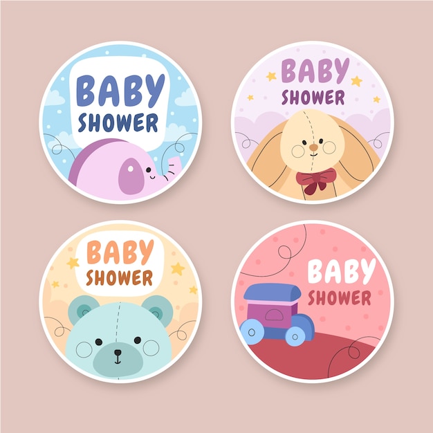 Vecteur gratuit Étiquettes de douche de bébé dessinées à la main