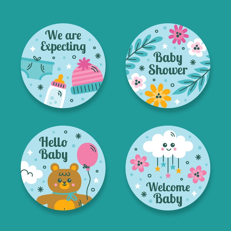 Vecteur gratuit étiquettes de douche de bébé dessinées à la main
