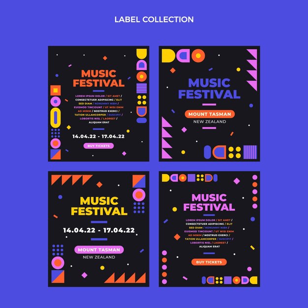 Étiquettes de festival de musique en mosaïque design plat