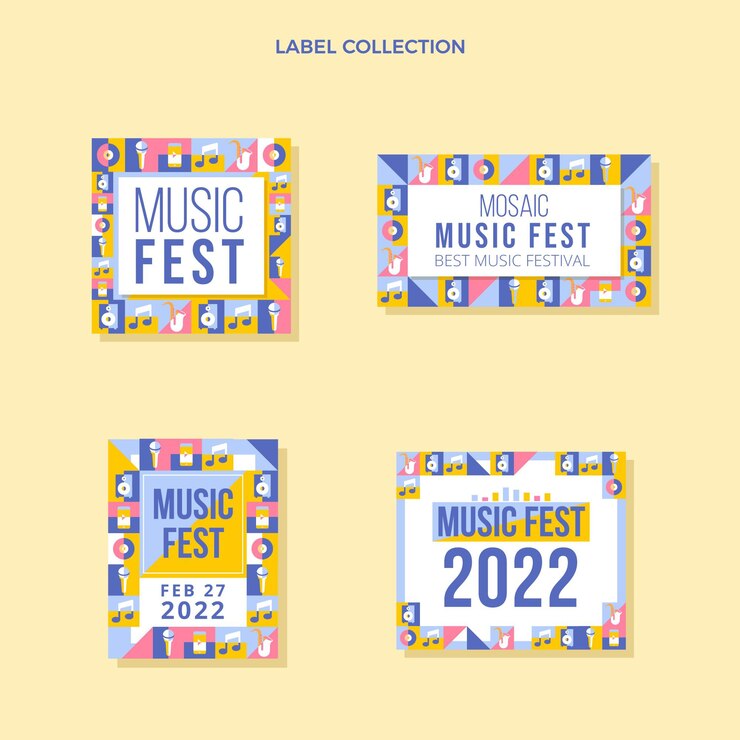 Vecteur gratuit étiquettes de festival de musique en mosaïque design plat