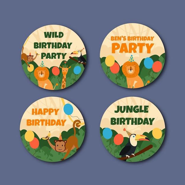 Vecteur gratuit Étiquettes de fête d'anniversaire jungle dessinées à la main