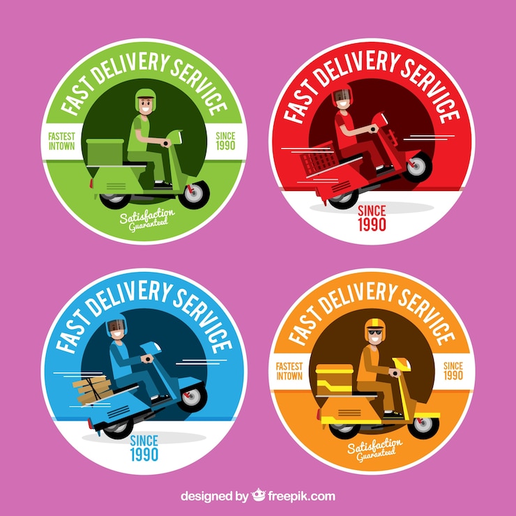 Vecteur gratuit étiquettes de livraison colorées avec scooter