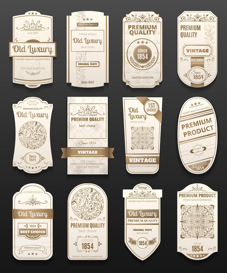 Vecteur gratuit étiquettes de luxe vintage rétro blanc et or de jeu réaliste de forme différente isolé sur noir