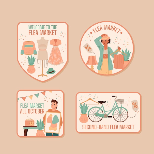 Vecteur gratuit Étiquettes de marché aux puces d'occasion design plat