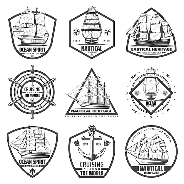 Étiquettes Marines Monochromes Vintage Avec Volant De Bateaux Navires Navires