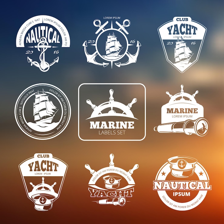 Vecteur gratuit étiquettes marines, nautiques sur fond flou. s