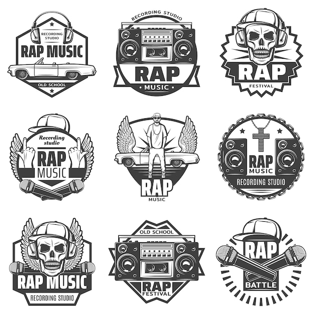 Vecteur gratuit Étiquettes de musique rap monochrome vintage sertie de rappeur microphones casque voiture haut-parleur boombox cap crâne chaîne collier isolé