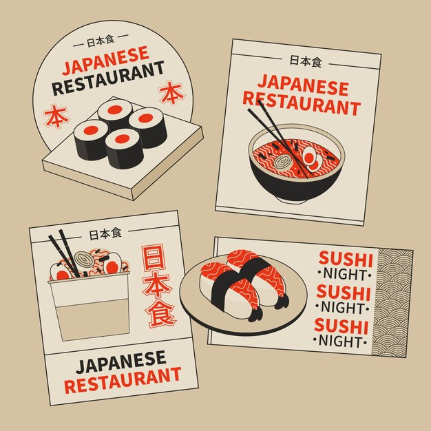 Vecteur gratuit Étiquettes de restaurant japonais design plat