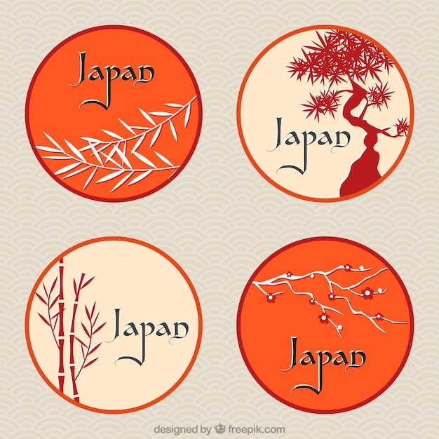 Vecteur gratuit Étiquettes rondes japonaises avec des thèmes floraux