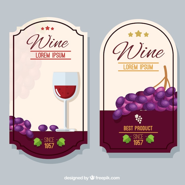 Vecteur gratuit Étiquettes de vin avec des raisins décoratifs